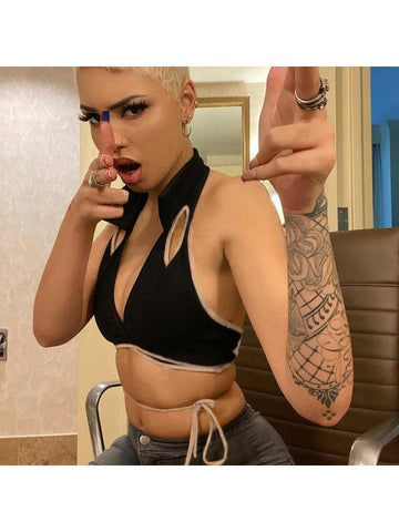 Vico Hollow Out Halter Cropped Tank Tops