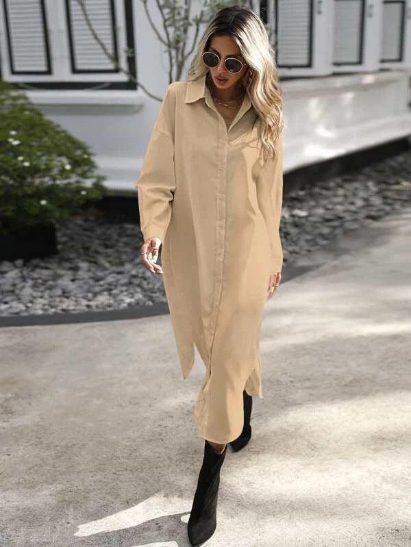 Wendi Solid Drop Shoulder Curved Hem Shirt Dresses Without Belt - Vestir en Moda