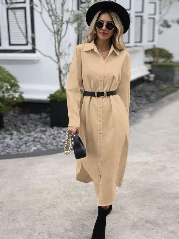 Wendi Solid Drop Shoulder Curved Hem Shirt Dresses Without Belt - Vestir en Moda