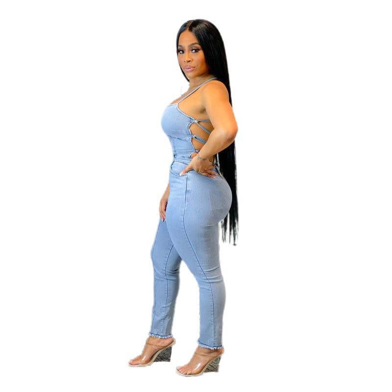 Wendolie Casual Slim Fit Backless Bandage Denim Jumpsuits - Vestir en Moda