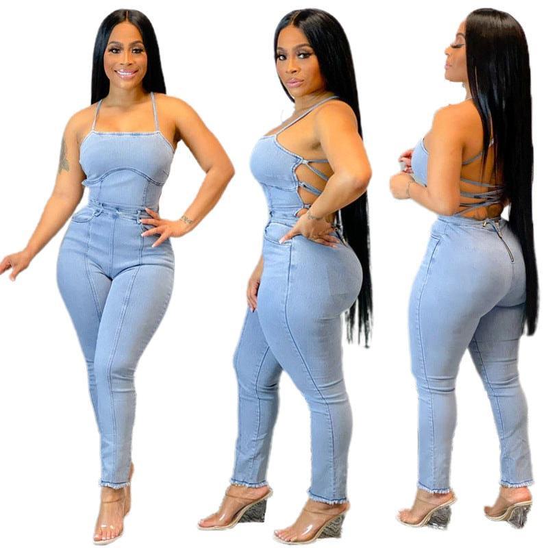 Wendolie Casual Slim Fit Backless Bandage Denim Jumpsuits - Vestir en Moda
