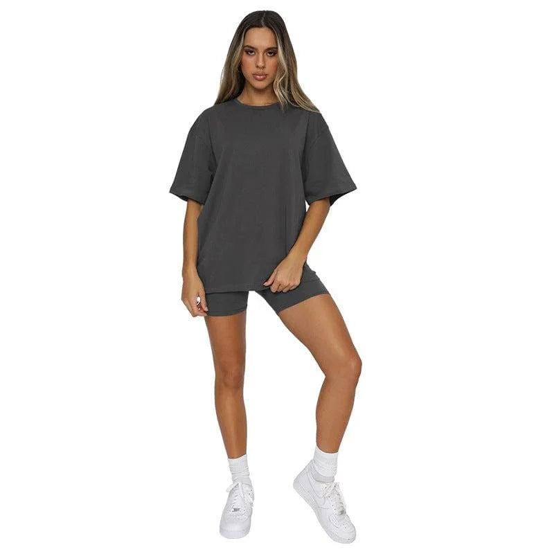 Willa Solid Color Short Sleeve Round Neck Urban Casual Set - Vestir en Moda