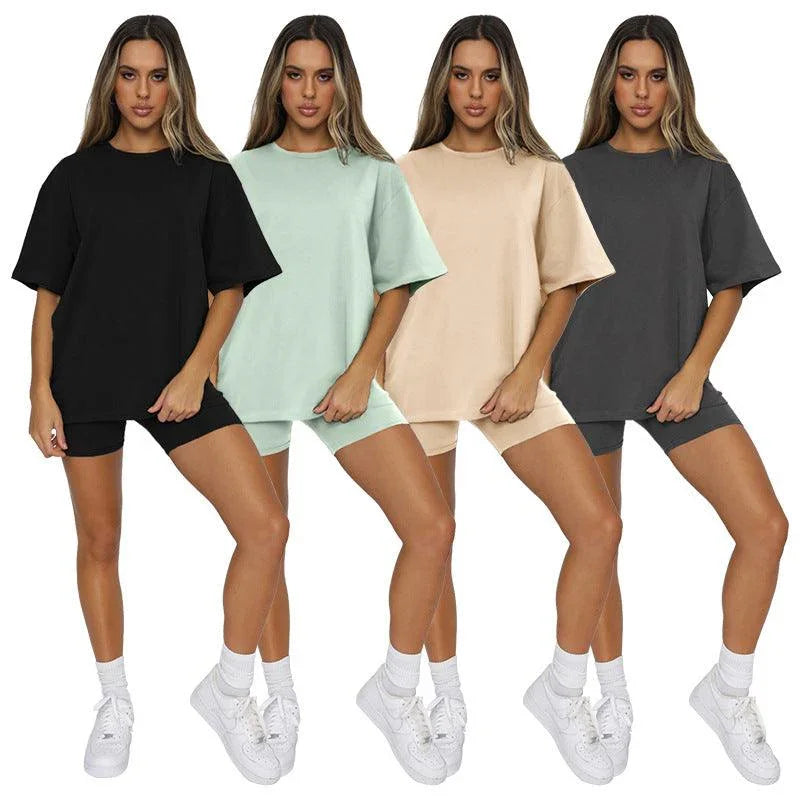 Willa Solid Color Short Sleeve Round Neck Urban Casual Set - Vestir en Moda