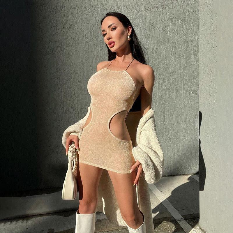 Winter Sleeveless Halter Side Waist Cutout Solid Color Backless Dress - Vestir en Moda
