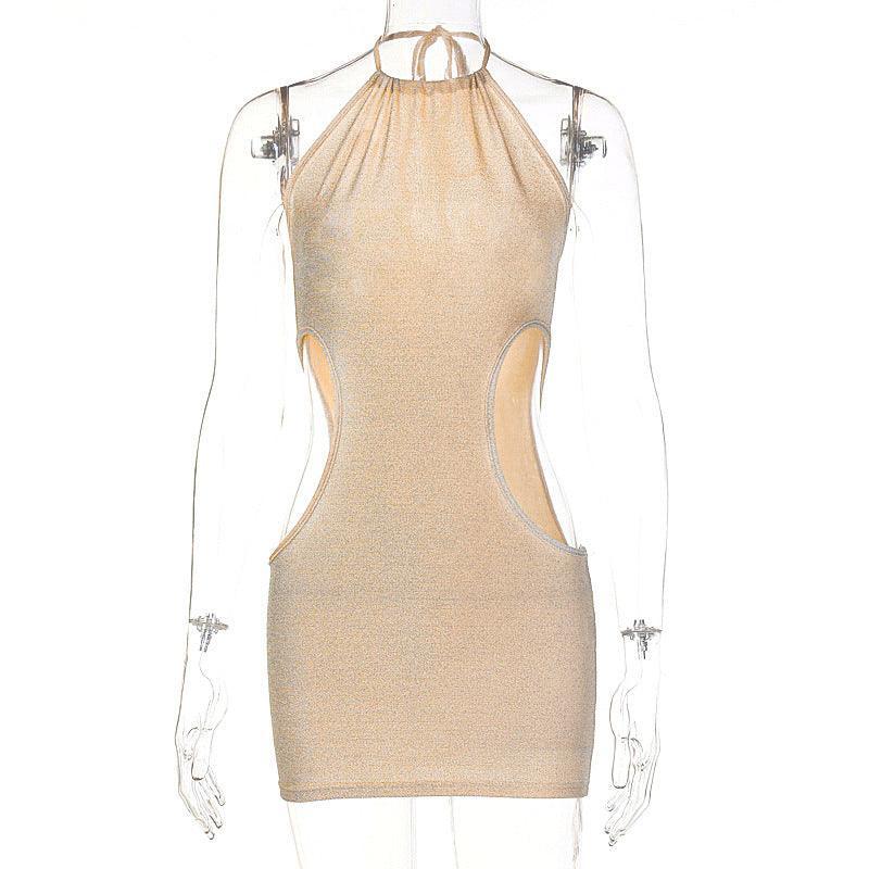 Winter Sleeveless Halter Side Waist Cutout Solid Color Backless Dress - Vestir en Moda