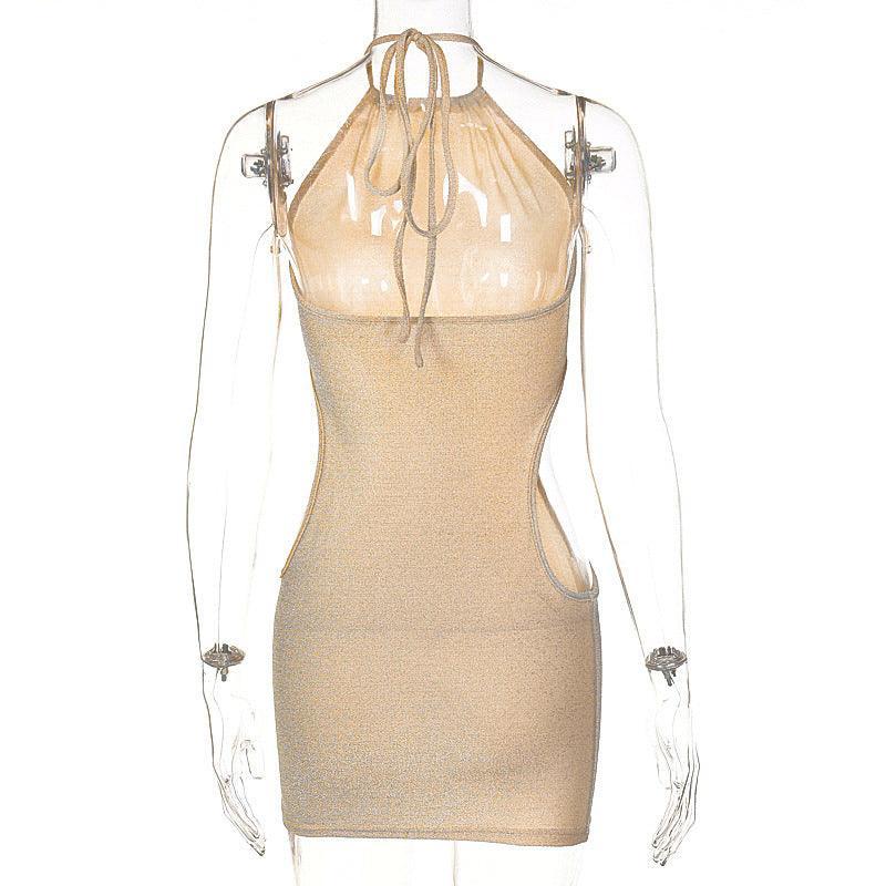Winter Sleeveless Halter Side Waist Cutout Solid Color Backless Dress - Vestir en Moda