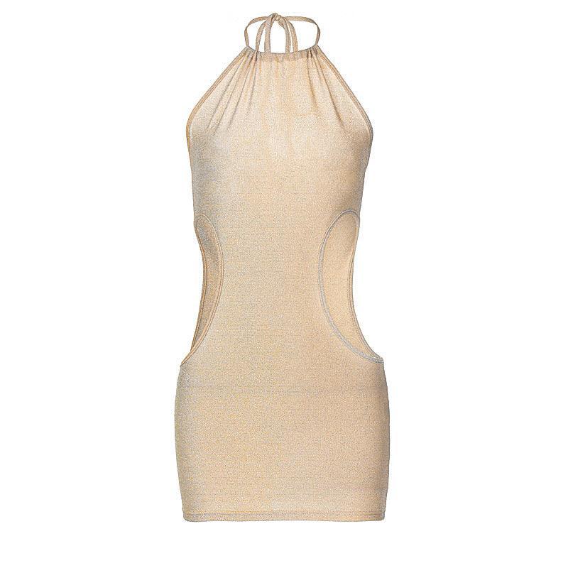 Winter Sleeveless Halter Side Waist Cutout Solid Color Backless Dress - Vestir en Moda