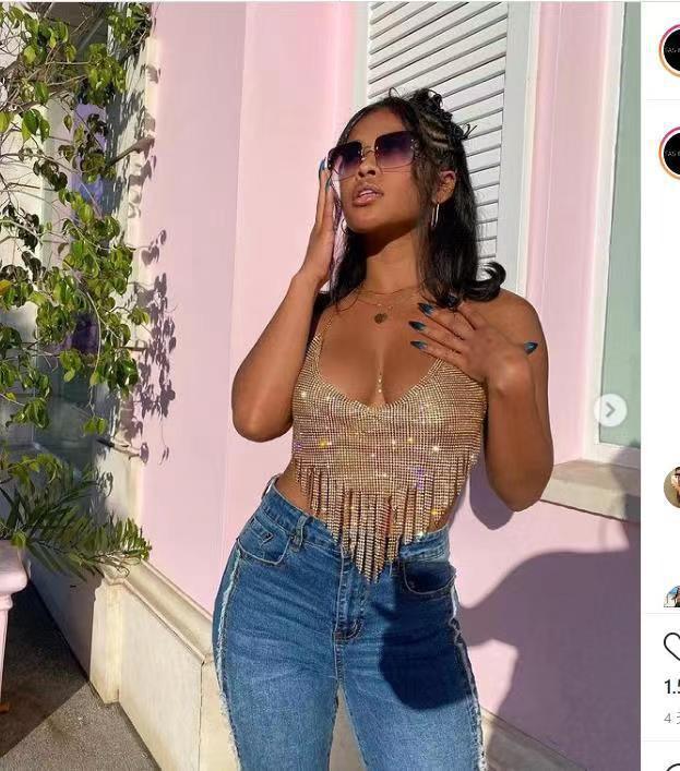 Women Rhinestone Tassel Exposed Cropped V Plunge Vest Top - Vestir en Moda