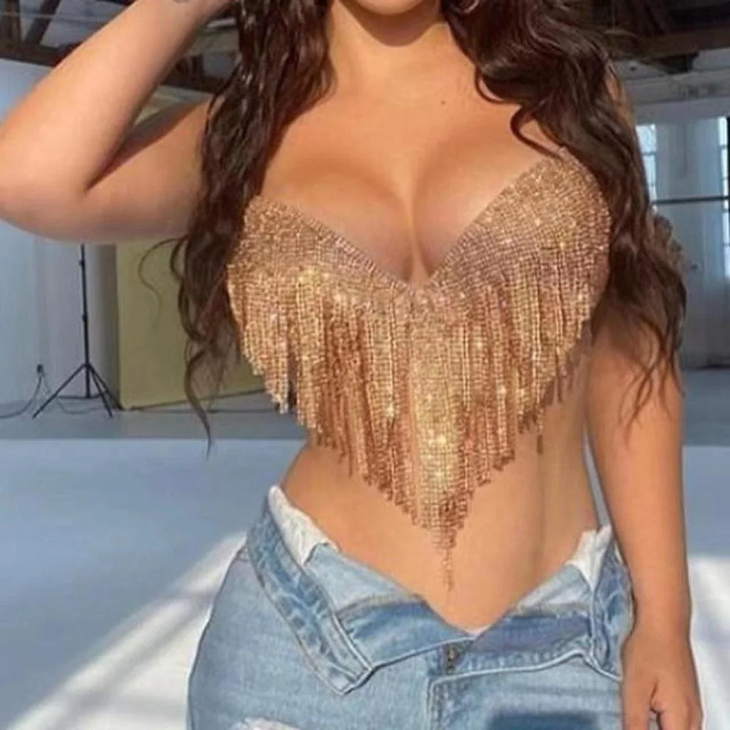 Women Rhinestone Tassel Exposed Cropped V Plunge Vest Top - Vestir en Moda