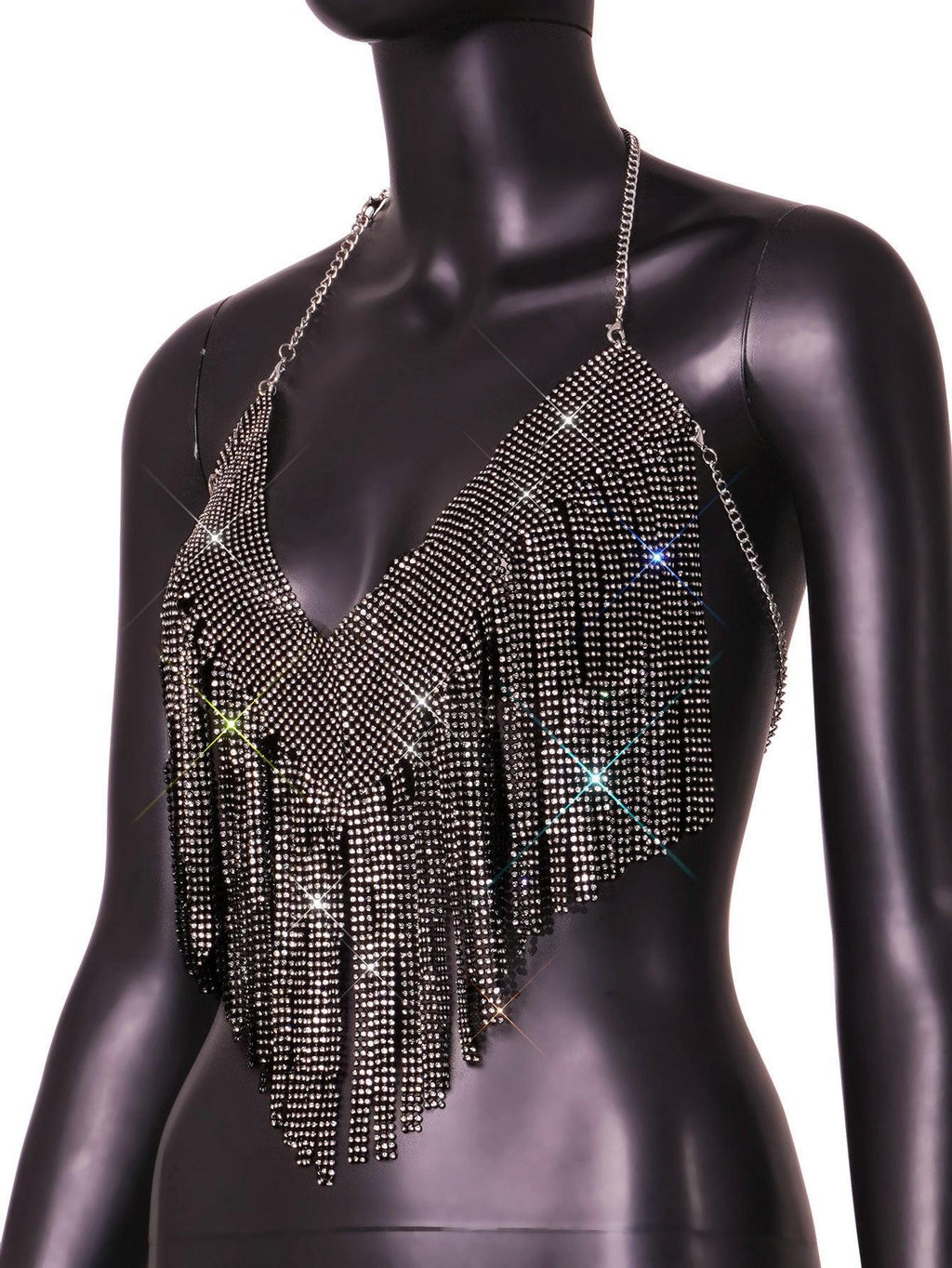 Women Rhinestone Tassel Exposed Cropped V Plunge Vest Top - Vestir en Moda