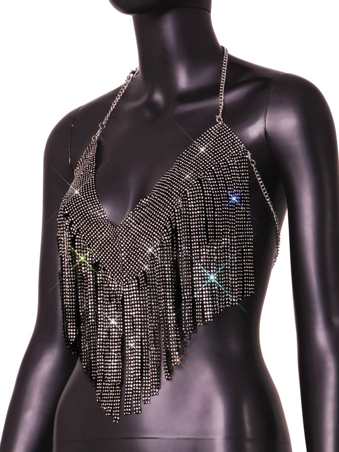 Women Rhinestone Tassel Exposed Cropped V Plunge Vest Top - Vestir en Moda