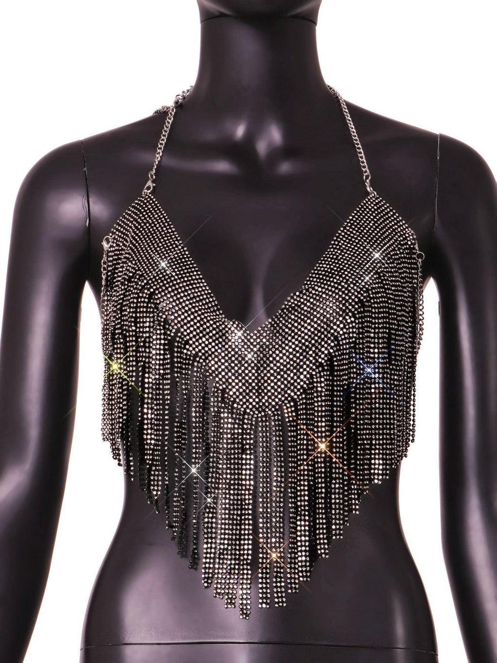 Women Rhinestone Tassel Exposed Cropped V Plunge Vest Top - Vestir en Moda