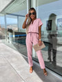 Xiomara Sleeved V-Neck Slip Pocket Elastic Jumpsuits - Vestir en Moda
