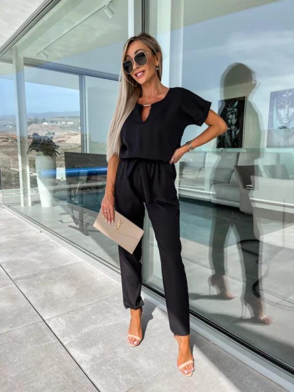 Xiomara Sleeved V-Neck Slip Pocket Elastic Jumpsuits - Vestir en Moda