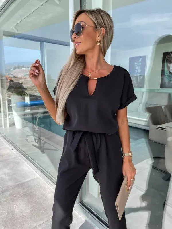Xiomara Sleeved V-Neck Slip Pocket Elastic Jumpsuits - Vestir en Moda