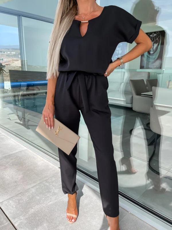 Xiomara Sleeved V-Neck Slip Pocket Elastic Jumpsuits - Vestir en Moda