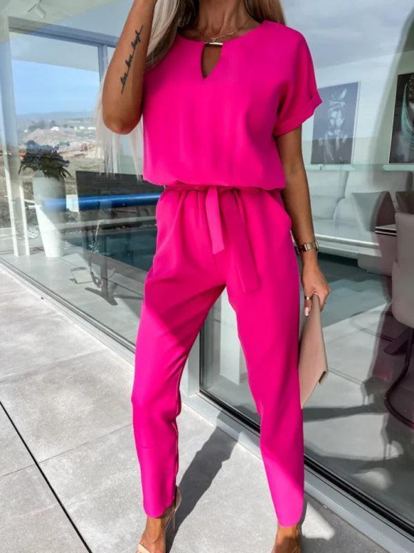 Xiomara Sleeved V-Neck Slip Pocket Elastic Jumpsuits - Vestir en Moda