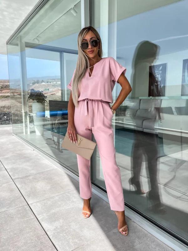 Xiomara Sleeved V-Neck Slip Pocket Elastic Jumpsuits - Vestir en Moda