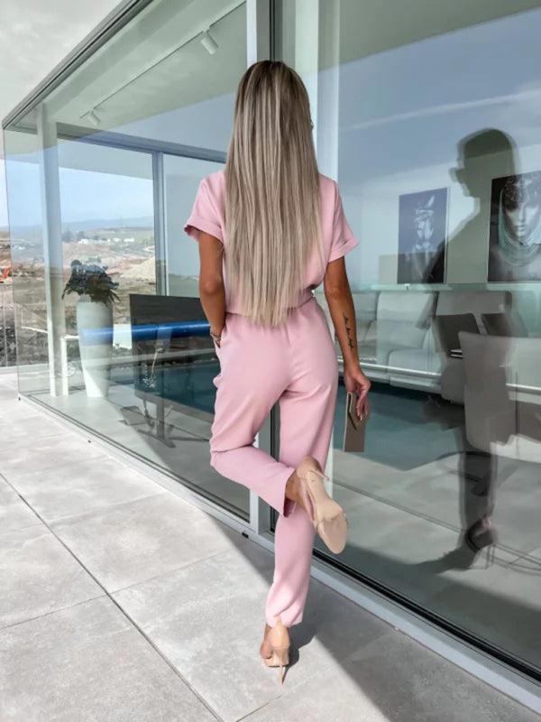 Xiomara Sleeved V-Neck Slip Pocket Elastic Jumpsuits - Vestir en Moda