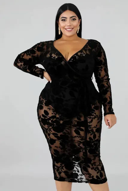 TMWEVN Plus Size Black Lace Bodycon Dress