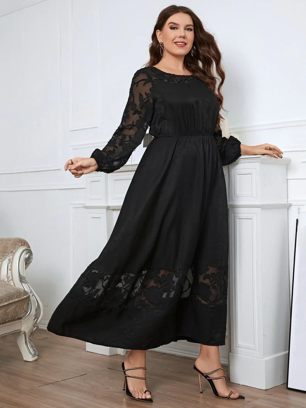 Plus Size Lace Midi Dress for Fall - Long Sleeve Elegance