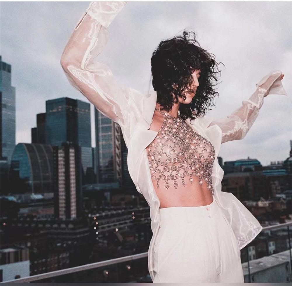 Yelida Summer Sexy Nightclub Gem Stitched Backless Vest - Vestir en Moda