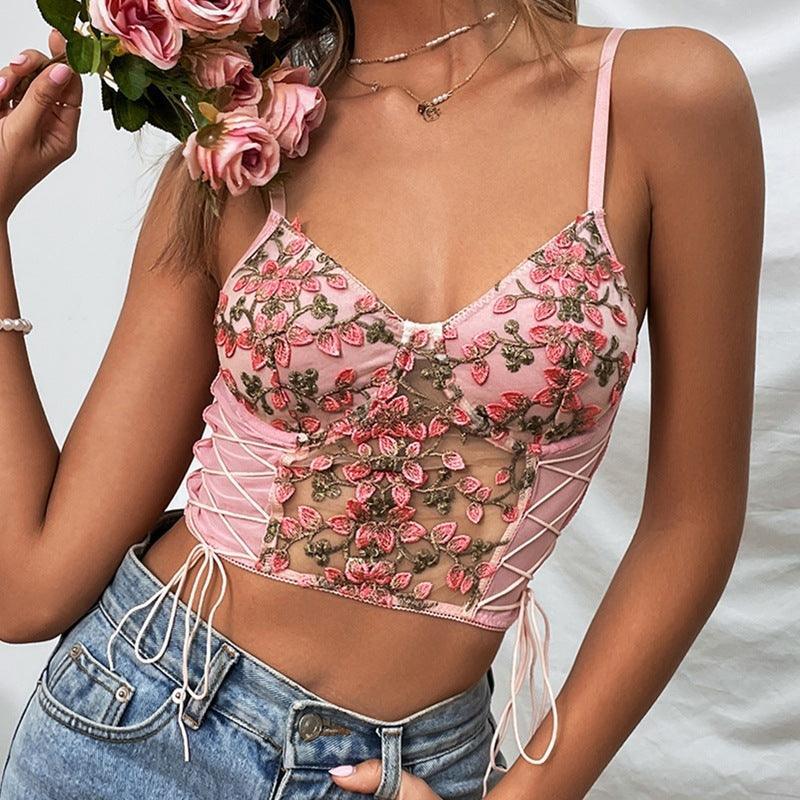 Yina Exquisite Embroidered Floral Lace-up Vest Tank Tops - Vestir en Moda