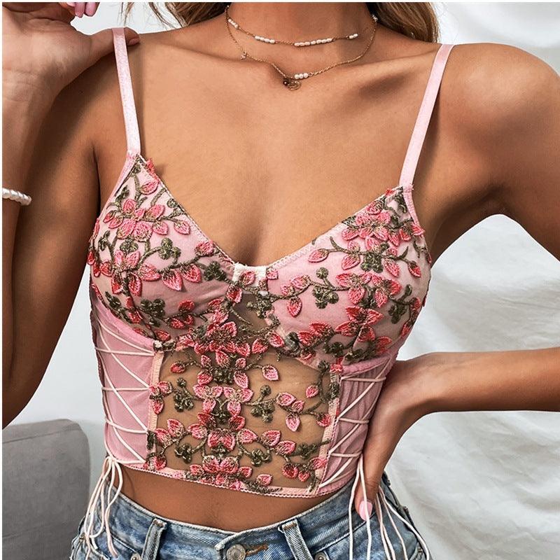 Yina Exquisite Embroidered Floral Lace-up Vest Tank Tops - Vestir en Moda