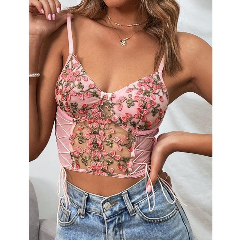 Yina Exquisite Embroidered Floral Lace-up Vest Tank Tops - Vestir en Moda