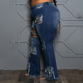 Zoe Plus Size Slim Fit Ripped Tassel Washed Bell-Bottom Jean Denim - Vestir en Moda