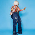 Zoe Plus Size Slim Fit Ripped Tassel Washed Bell-Bottom Jean Denim - Vestir en Moda