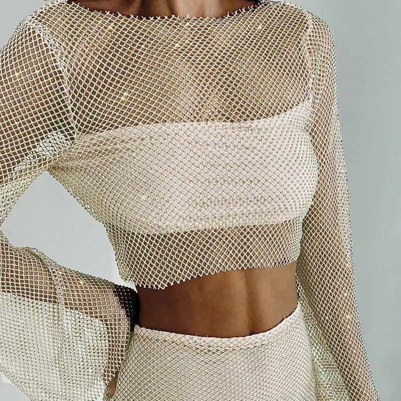 Zoey Long Sleeve Mesh Sequin Sling Two Piece Sets - Vestir en Moda