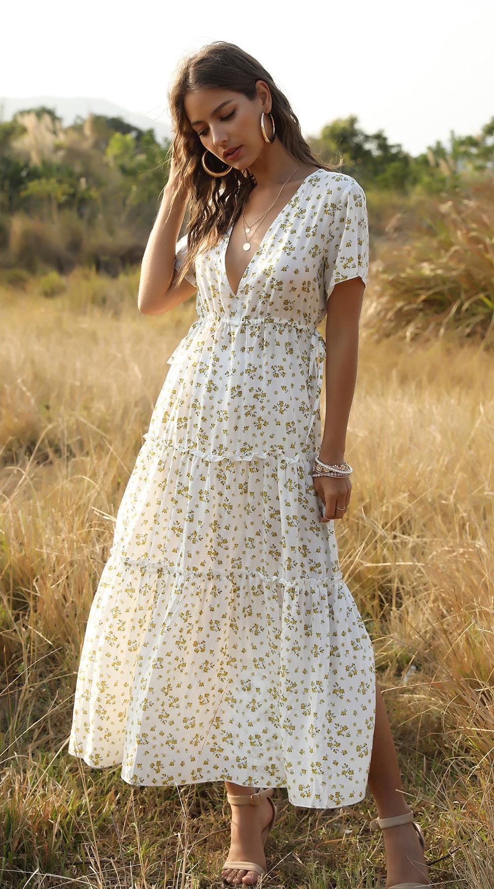 Zuri Ruffled Floral V-neck Maxi Dresses - Vestir en Moda
