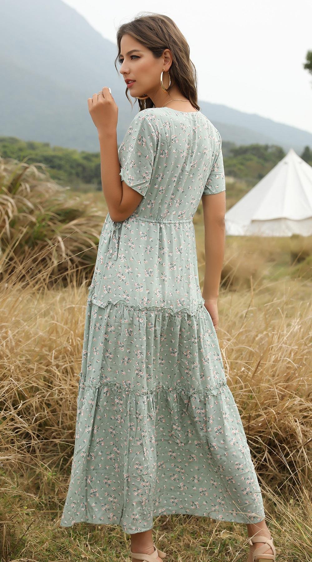 Zuri Ruffled Floral V-neck Maxi Dresses - Vestir en Moda