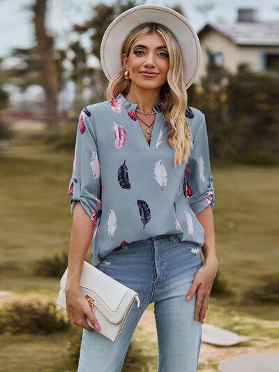 Aida Printed Frill Notched Roll-Tab Sleeve Blouse
