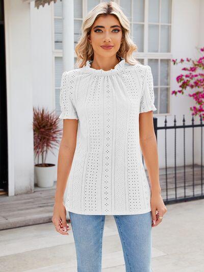Alaia Eyelet Frill Mock Neck Flounce Sleeve Blouse