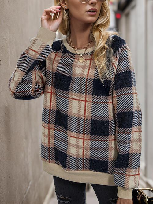 Laura Plaid Round Neck Long Sleeve Sweater - Vestir en Moda