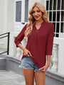 Fran Eyelet Notched Three-Quarter Sleeve Blouse