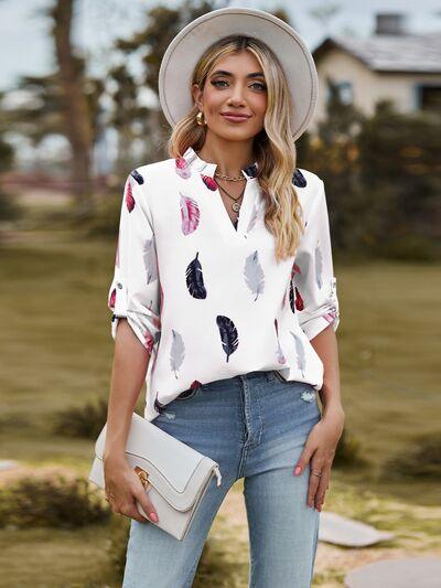 Aida Printed Frill Notched Roll-Tab Sleeve Blouse