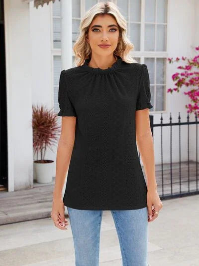 Alaia Eyelet Frill Mock Neck Flounce Sleeve Blouse