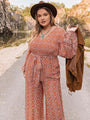 Marian Plus Size Printed V-Neck Tie Front Balloon Sleeve Jumpsuits