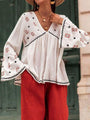 Kiba Embroidered V-Neck Long Sleeve Blouse