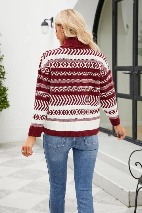 Mary Geometric Turtleneck Long Sleeve Sweater