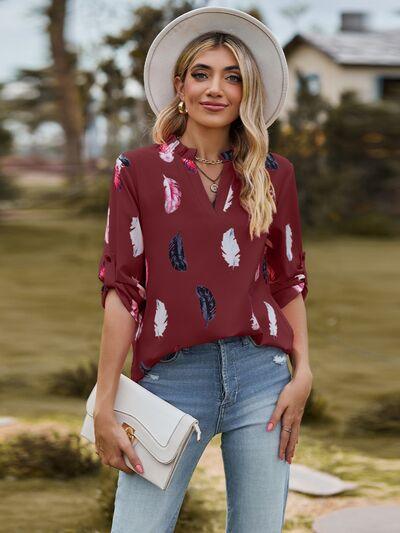 Aida Printed Frill Notched Roll-Tab Sleeve Blouse