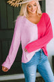 Ana Contrast Color V-Neck Long Sleeve Pullover Sweater