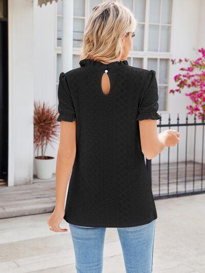 Alaia Eyelet Frill Mock Neck Flounce Sleeve Blouse