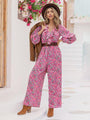 Violeta Printed Ruffled V-Neck Balloon Sleeve Jumpsuits