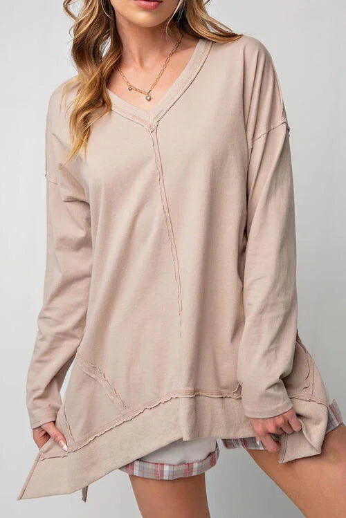 Lily Exposed Seam V-Neck Long Sleeve Slit Sweater