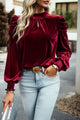Olga Tie Up Mock Neck Velvet Fabric Long Sleeve Blouse