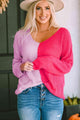 Ana Contrast Color V-Neck Long Sleeve Pullover Sweater